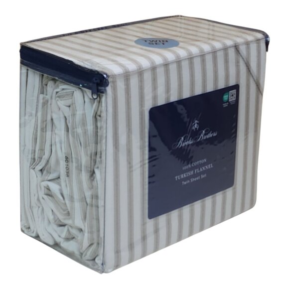 Brooks Brothers Turkish Flannel Twin Sheet Set 100% Cotton Striped Beige - Picture 2 of 6